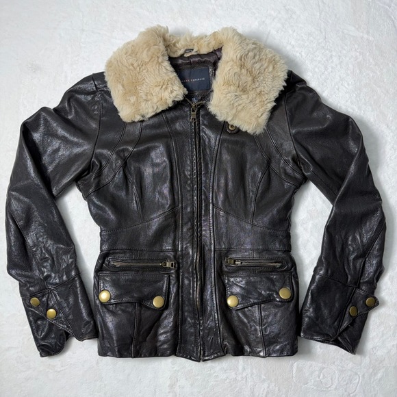 Banana Republic Y2K Shearling Lamb Collar Brown Leather Zip Jacket Womens Sz XS